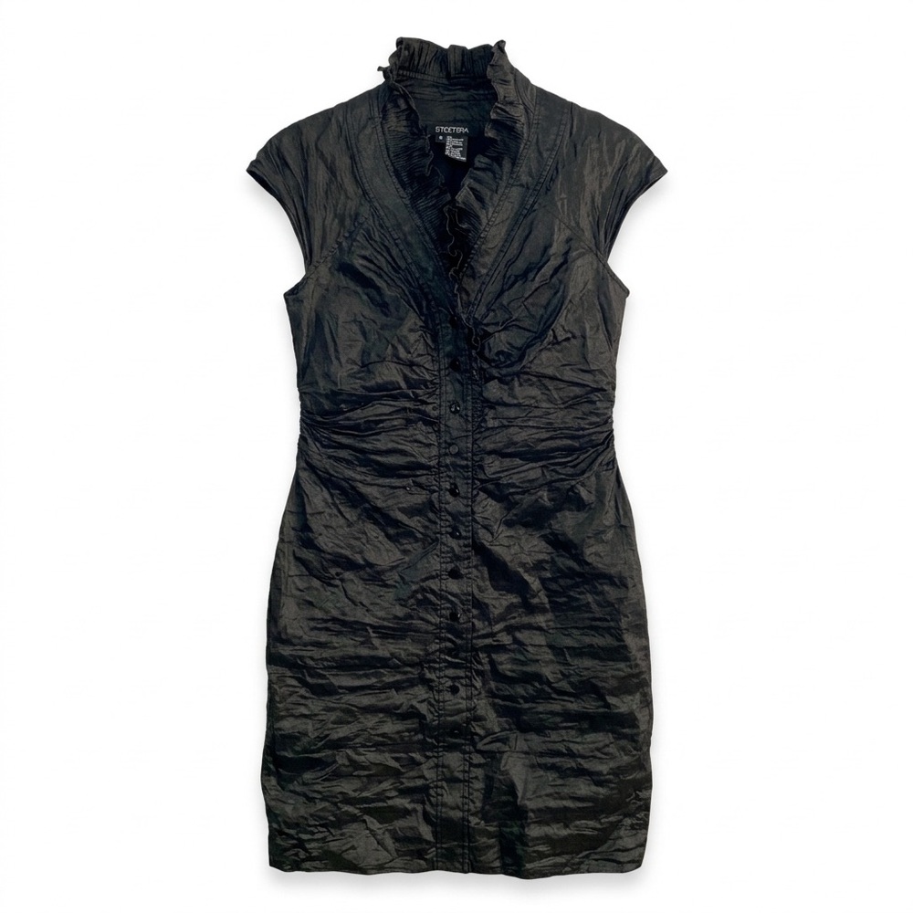 Etcetera Black Metallic Crinkle Ruffle Collar‎ Sheath Dress Size 6 Avant Garde